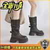 Botas de Couro Retro Versáteis de Salto Alto Botas com Solado Grosso Texturizado para Mulheres Outono e Inverno Estilo Britânico Botas de Moda de Salto Grosso Pequeno