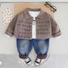 Terno masculino e feminino Camisa infantil para bebê Roupas inglesas impressas completas 2024 Terno de três peças de outono para meninos e bebês