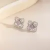 Pendientes de Botón de Trébol de Cuatro Hojas Gato Ojo Retro Francés para Mujer Flor Totalmente Pavimentada con Circonita Pendientes Accesorios de Oreja Lujo Ligero Suave para el Trabajo