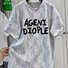 Verano 2025 Talla Grande mm Gordita Cuello Redondo Encaje Empalmado Estampado de Letras Manga Corta Camiseta Hermosa Holgada Cubre Carne Top