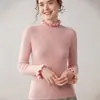 Suéter de Punto Grueso para Mujer Otoño/Invierno 2025 con Borde Fruncido, Cuello de Hoja de Loto y Mangas de Encaje, Camiseta Base al por Mayor desde Fabricante