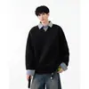 Moletom Xadrez Retro Americano Falso Duas Peças Masculino Outono Tendência Esportivo Casual Cinza Solto Manga Longa Camisa Polo