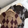 Outono 2026 Novo Cardigan de Tricô Gola Polo Lã Merino Fina Manga Curta Camiseta Feminina Suéter Casual Fashion