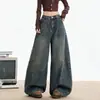 Jeans Retro Americano Desgastado Estilo Cimitarra para Mujer, Tendencia Primavera y Verano Nuevo Estilo, Corte Holgado, Pantalones Casuales de Pierna Ancha Adelgazantes, Pantalones Largos hasta el Suelo