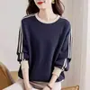 Sudadera de manga larga para mujer, con forro de forro polar de 280 g, gruesa, cuello redondo, a rayas, con bloques de color, corte holgado, estilo coreano, nuevo top de otoño/invierno