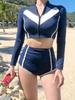 Traje de baño coreano de manga larga con combinación de colores para mujer, cremallera, conservador, para pecho pequeño, fruncido, estudiantes, dividido, traje de baño para aguas termales, venta al por mayor
