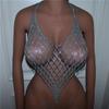 Sexy Cadena Corporal con Borlas Largas Sujetador Pedrería Azul Moda Exquisita Cadena para el Pecho Bikini Top Ropa de Club Nocturno para Mujer