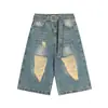 Jeans Rasgado Cropped Lavado Estilo Retrô Americano para Homens Verão 2025 Novo Shorts Largo Casual Wide-Leg