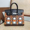 Transfronterizo Nuevo 20cm Casa Pequeña Cuero Genuino Bolso Platino Bolso de Mano de Cuero para Mujer Patrón Cocodrilo Contraste de Color Bolso Casual