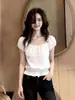 Camisa Blanca Cuadrada de Manga Corta Abullonada para Mujer 2026 Verano Nuevo Diseño Cintura Fruncida Adelgazante Hermoso Top Pequeño
