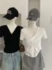 Camiseta Básica de Manga Corta Ajustada con Pliegues y Cuello en V Cruzado Omalai para Mujer, Nueva Colección Primavera/Verano 6826