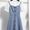 Foto Real de Vestido Jeans com Suspensório para Mulheres Primavera e Outono 2026 Color-Blocking Renda Vintage Solto Reto Formato H Comprimento Médio