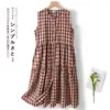 Novo Vestido Longo Elegante de Verão e Primavera Estilo Coreano Vermelho Acinturado Emagrecedor Vestido de Xadrez Suave Sem Mangas para Mulheres
