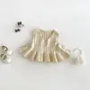 Conjunto de Tres Piezas para Bebé Niña Dianxi: Suéter Chaleco con Cuello de Hoja de Loto, Pantalones Acampanados de Mezclilla con Encaje, Ropa de Otoño