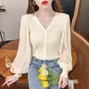2026 Novo Cardigã Casaco de Chiffon Patchwork com Decote V Estilo Francês Versátil Tamanho Plus Modelagem Justa Malha para Mulheres Plus Size