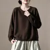 Suéter de punto de algodón suave y cómodo para mujer, de cuello redondo, abotonado en el lateral, de manga larga, corte holgado, adecuado para primavera y otoño, con un estilo casual y artístico.