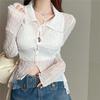 Tejido de punto de manga larga con perspectiva sexy retro francés para mujer, fino de seda de hielo, irregular, corto de cola de golondrina, base, camisa protectora solar