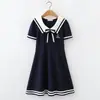 Vestido de Verão para Meninas Estilo Academia Infantil Saia Azul Marinho para Crianças e Pré-Adolescentes Vestido Princesa Esportiva [Sem Devoluções ou Trocas]
