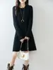 25 Otoño e Invierno Nuevo Vestido de Punto de Lana Pura 100% Cuello Redondo para Mujer de Largo Medio Suelto de Punto para Fondo Falda de Cachemira
