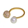 Anillo Abierto de Perla Redonda con Diamante, Lujo Ligero, Anillo de Dedo Índice Retro de Alta Gama, Joyería Versátil de Temperamento Retro Francés
