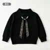 Suéter de punto para niña con cuello y estampado ondulado, cómodo y amigable con la piel, suéter infantil con cintas de perlas, tejido casual para niñas