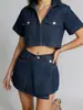 Comercio Exterior Europeo y Americano Nuevo Estilo Ropa de Trabajo Traje de Mezclilla Falda Pantalones para Mujer, Top de Verano con Cuello en V de Manga Corta, Estilo Irregular de Moda para Mujer en Verano