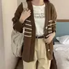 Nuevo cárdigan de punto a rayas de color contrastante retro Otoño e Invierno para mujer, suéter casual de cuello en V estilo holgado y perezoso para mujer