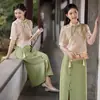 Novo conjunto de top e saia estilo cheongsam modificado, estilo nacional fluido, com bordado, mangas bufantes que rejuvenescem, da fábrica original