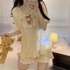 Pijama dulce japonés estilo volantes para mujer verano lazo manga corta encaje estudiante conjunto ropa de casa