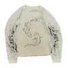 Camiseta de Manga Larga Estilo Chino Y2K Tai Chi Carpa Waffle con Graffiti en Inglés Cursivo, Ajuste Holgado Vintage Desgastado