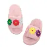 Pantuflas peludas florales para mujer, nuevo estilo invierno 2026, de punta abierta, sin cordones, pantuflas de algodón para mujer, planas, de peluche, pantuflas para el hogar