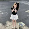 Conjunto dulce y lindo para niñas: Camiseta de manga corta con estampado de letras y ribete de encaje, con falda, conjunto fino de dos piezas para verano