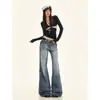 Pantalones retro azules de tiro bajo jeans de alta gama corte ajustado ropa de mujer sentido del diseño high street nuevos pantalones de pierna ancha hacen que las piernas parezcan más largas