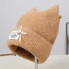 Gorro de Punto con Lazo y Orejas de Gato Estilo Coreano para Mujer, Gorro de Lana Cálido para Otoño e Invierno, Gorro de Lana Dulce y Lindo