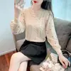 Jersey de punto de estilo coreano con mangas abullonadas, empalmado para primavera y otoño, cuello redondo moderno, top de gasa versátil y juvenil para usar debajo