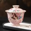 Tazón cubierto con pie alto, patrón de gato floral, boca de flor, de la Manufactura Ru Kiln, Taza de té de cerámica Ru rosa, Individual con tapa para preparar té, Juego de té grande para mujer