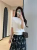 Blusa de Tricô Premium Marca C Fio Alto Algodão Puro Amiga da Pele Soltinha Modeladora Elegante Gola Redonda Manga Curta para Mulheres 093