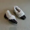 Zapatos Cuadrados de Cuero Peludo Estilo Coreano con Tacón Grueso para Mujer Otoño Invierno Zapatos de Algodón Cálido con Felpa Mocasines Perezosos sin Cordones