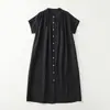 Vestido Curto de Algodão e Linho com Gola Alta Abotoada, Saia Ampla Versátil, Novo Estilo de Verão Emagrecedor e Cobertor de Carne Casual para Mulheres