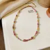 Collar de Cuarzo Rosa con Cuentas para Mujer, Cadena de Clavícula Colorida Dopamina de Verano, Estilo Nicho, Gargantilla Trendy de Piedra Natural