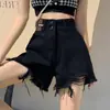 Shorts Jeans Rasgado Preto para Mulheres, Novo Estilo Verão 2026, Estilo Trendy Ins, Tamanho Plus Size, Hot Pants com Barra Desfiada, Shorts de Perna Larga Linha A