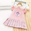 Meninas vestido Crianças verão Polo Collar Saia Meninas manga curta Lapela Saia plissada Cartoon Princess College Style