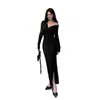Nova coleção de outono e inverno: vestido longo elegante e estiloso com gola franzida, detalhe de amarração e fenda, projetado para acinturar e criar um efeito emagrecedor