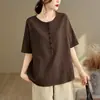 Camisa Retro de Algodón Lino Lino Ropa para Mujer 2026 Verano Color Sólido Cuello Redondo Manga Media Camisa Pulóver Camisa de Temperamento Top