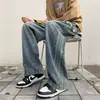 Jeans de Cintura Elástica de Primavera y Otoño para Hombre Americano High Street Retro Suelto Recto Lavado con Raya Lateral Pantalones Largos de Pierna Ancha