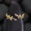 Anillo de Zirconia de Colores Transfronterizo en Vivo Europeo y Americano para Mujer, Anillo Abierto Ajustable de Hoja Estilo Bosque Fresco