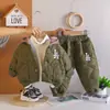 Conjunto de invierno para niños transfronterizo, nueva chaqueta acolchada de invierno con capucha de estilo coreano, abrigo de algodón para niños engrosado y forrado de felpa, conjunto de tres piezas
