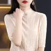 Nueva camiseta fina de verano para mujer, cuello semi-alto, manga corta, versátil, a la moda, holgada, top casual, tejido