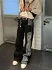 Jeans Patchwork Preto e Cinza com Estampa de Estrelas por Toda Parte para Homens, Estilo Retro Americano, Calça Longa Reta Solta Street Style