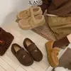 Chinelos de Couro Retro com Solado Grosso de Lã de Cordeiro Sapatos Femininos Sapatos de Algodão Quente com Pelúcia Mocassins Slip-on Sapatos Birkenstock